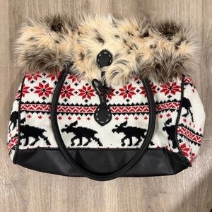 Stylish Faux Fur Trimmed Tote Bag - Black, Red, White